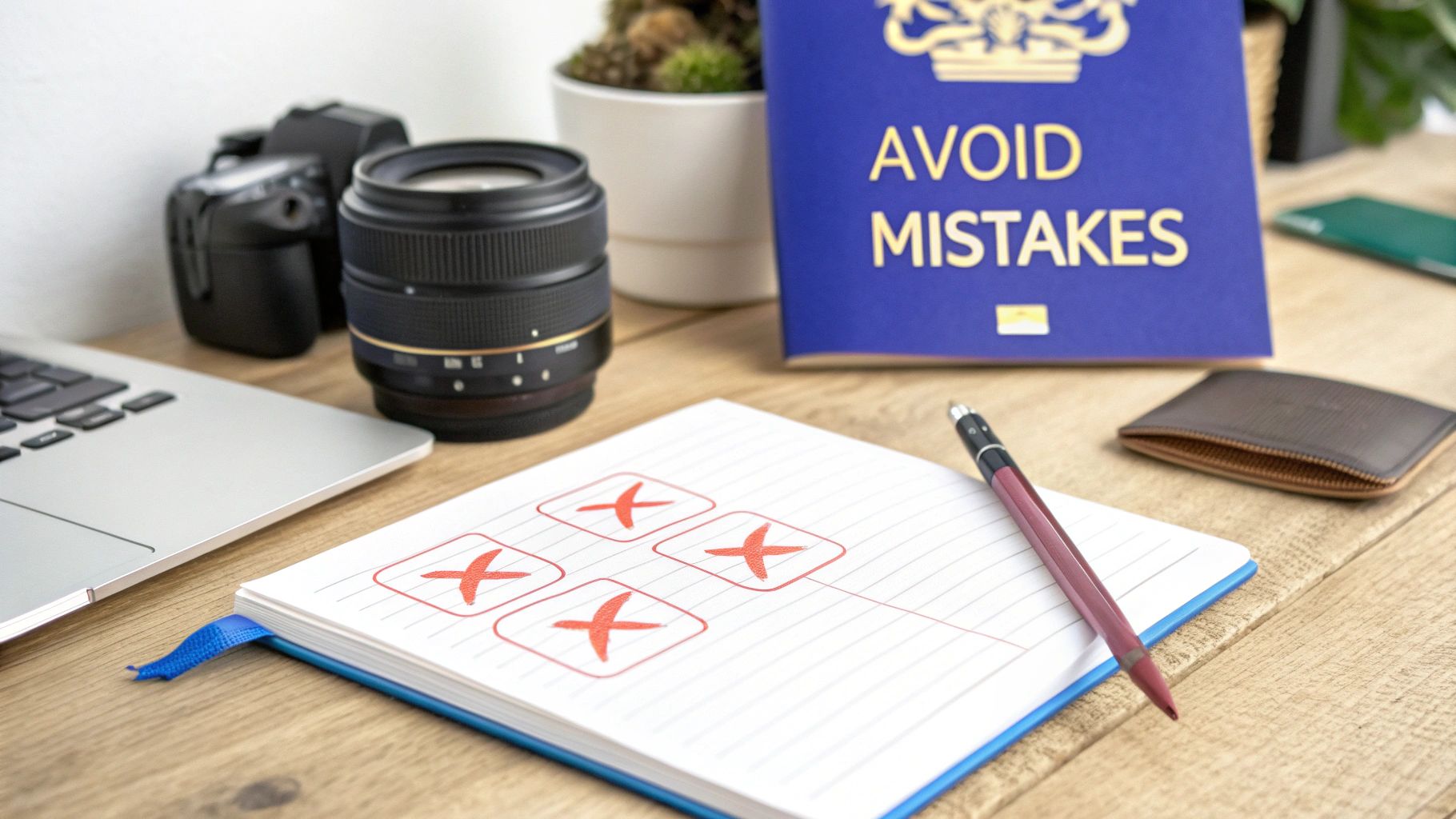 A red warning sign with an exclamation mark superimposed over a blurred image of a UK passport application form, symbolizing common errors.