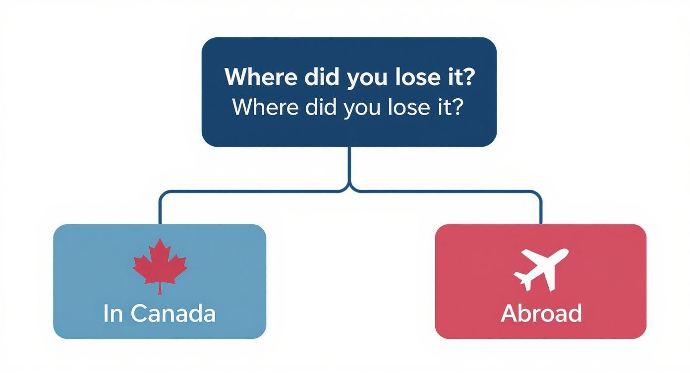 Infographic decision tree showing what to do if you lose your Canadian passport in Canada versus abroad.