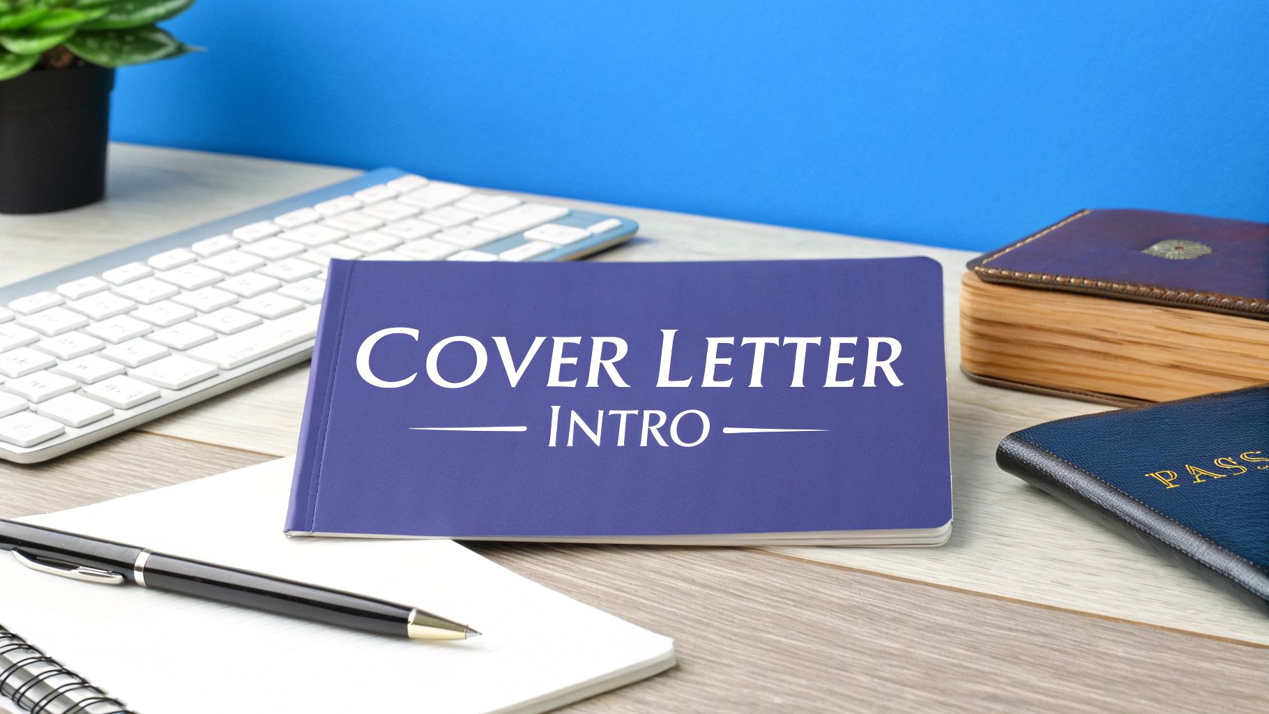 A person writing a cover letter for a visa application with a laptop and documents on the table.