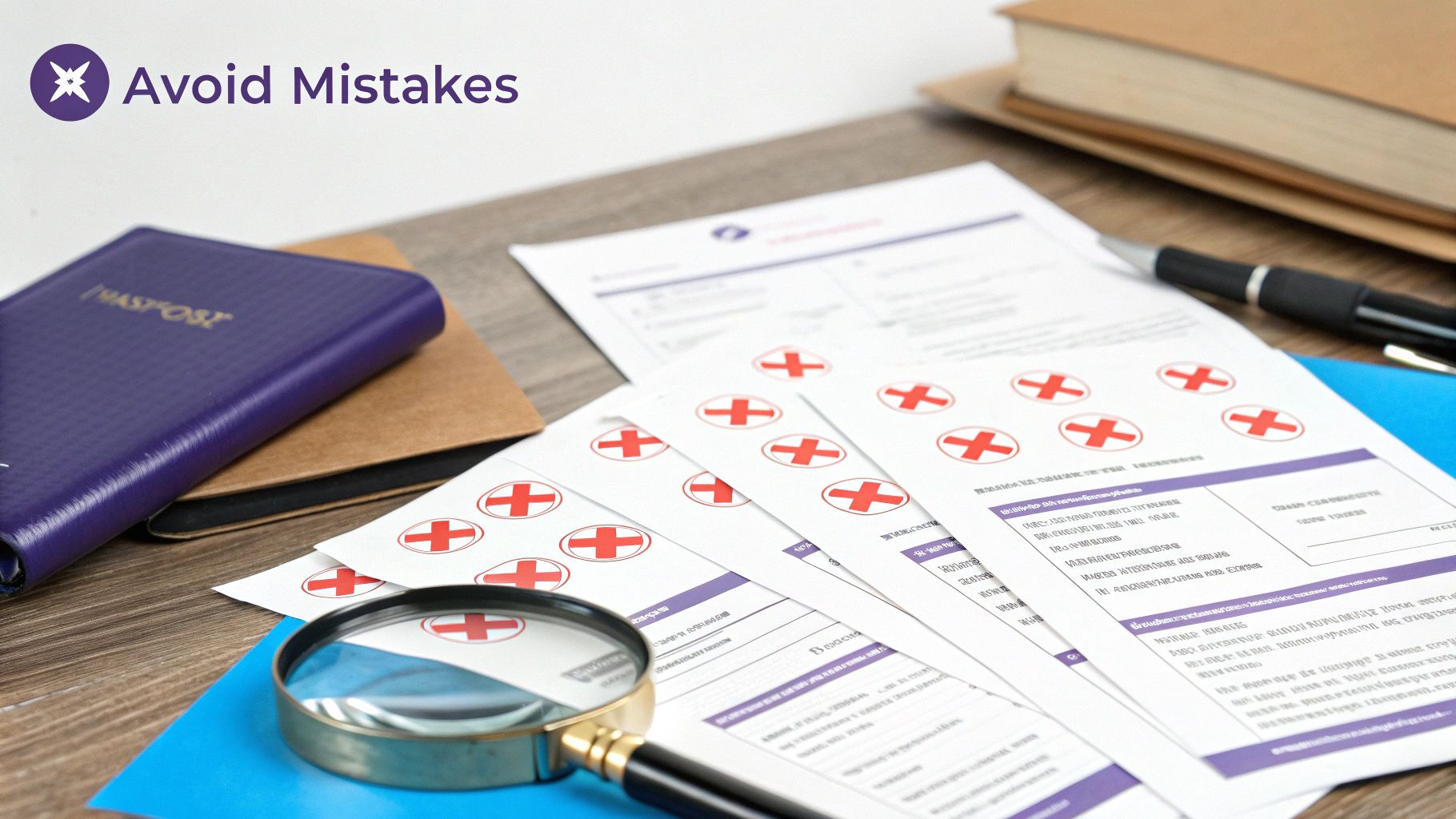 A person carefully reviewing their Canadian passport application form, with a pen and passport photos nearby.