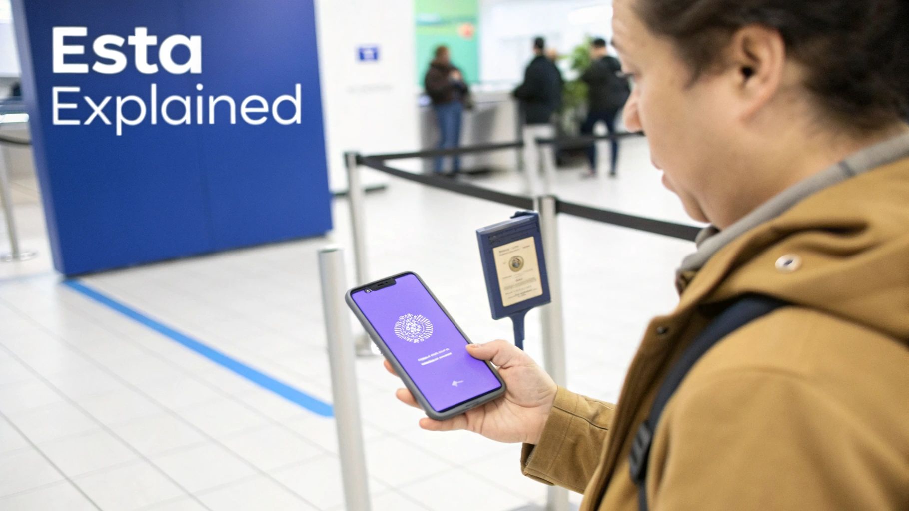 A person holding a passport and phone with a plane in the background, symbolizing easy travel with ESTA.