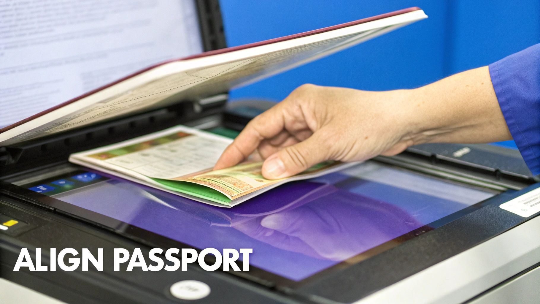 A flatbed scanner with a passport placed face-down on the glass.