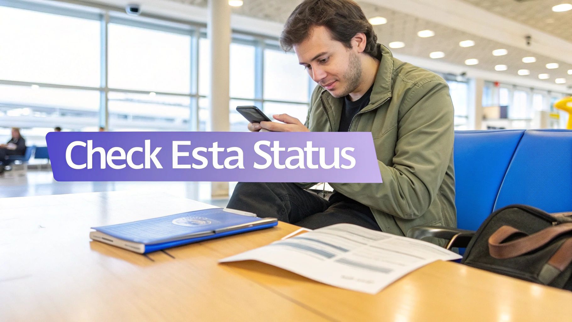A traveler looking out of an airport window, watching planes on the tarmac, waiting for their flight after submitting their ESTA application.