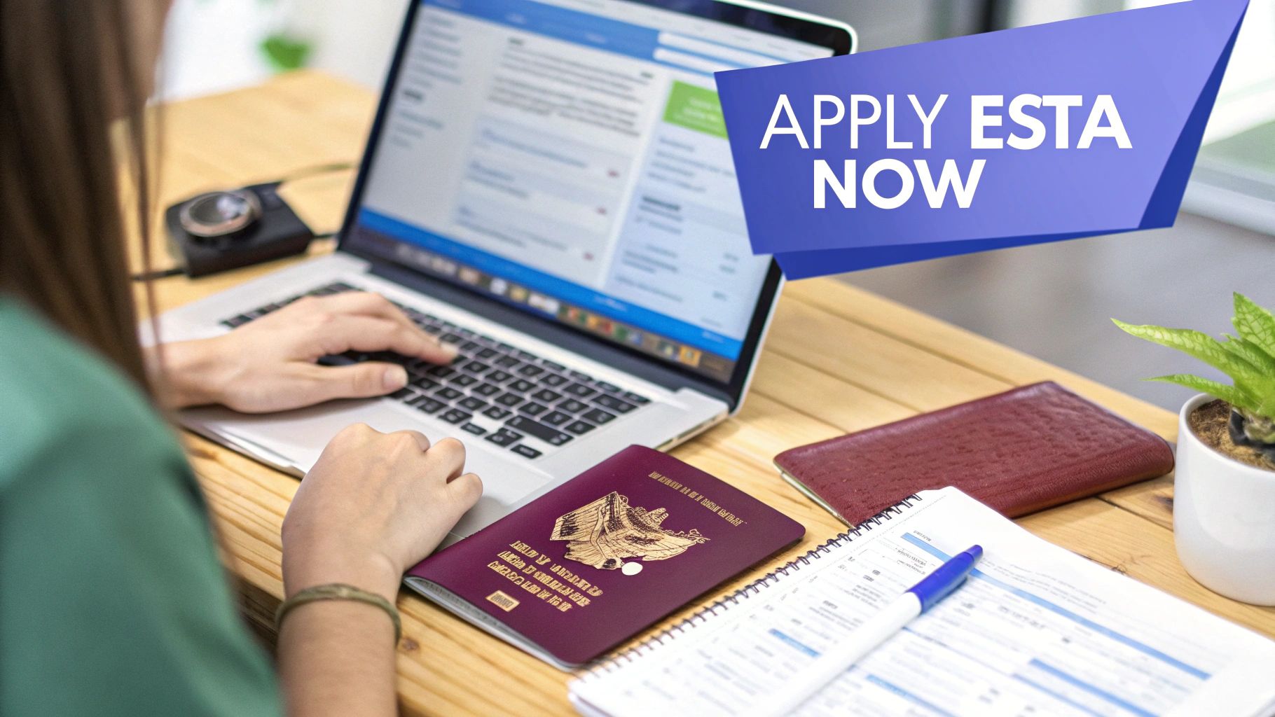 A person's hands holding a passport and phone with a plane ticket, ready for travel to the US.