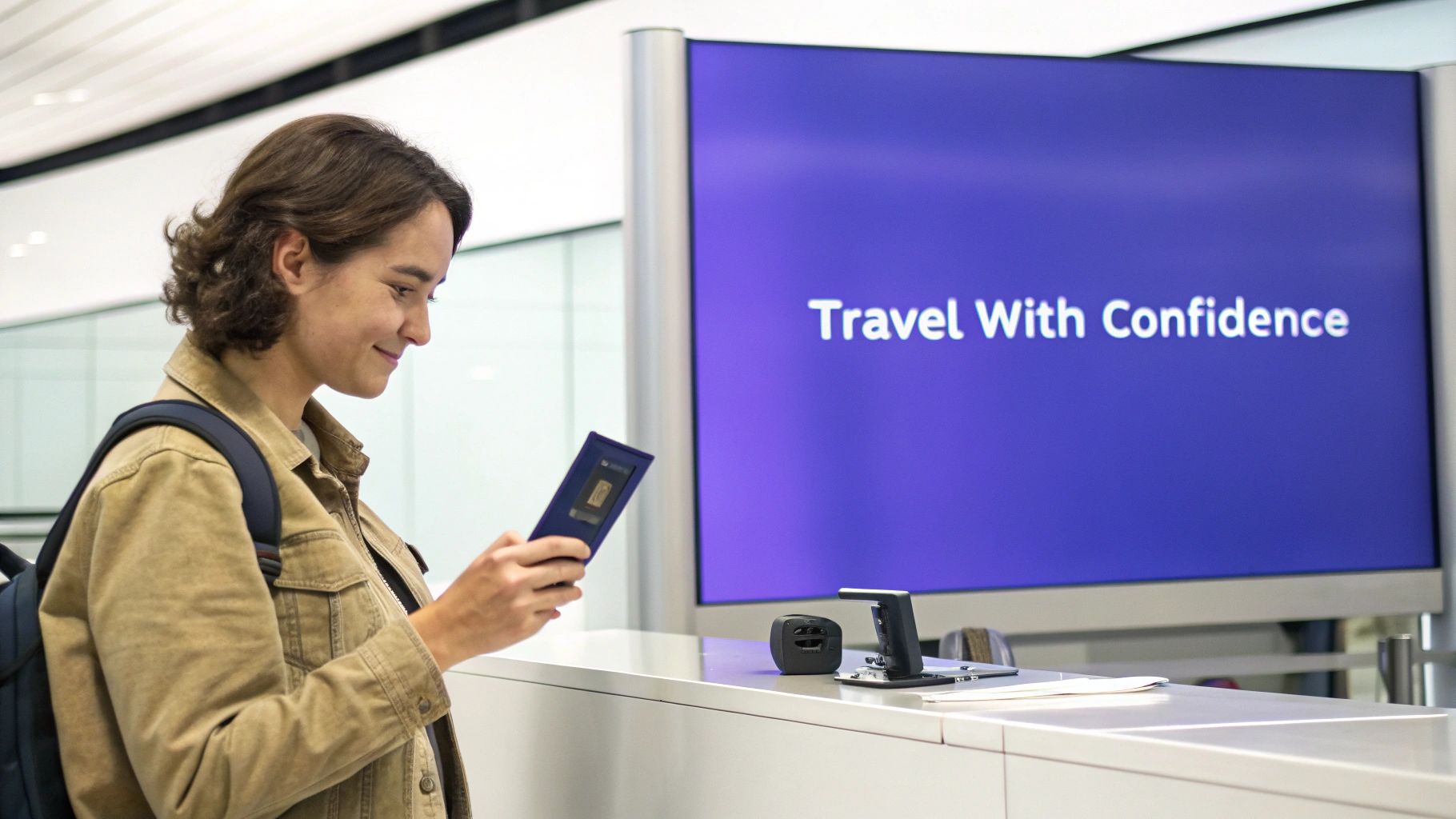 A person filling out an online travel form on a laptop with a passport nearby.