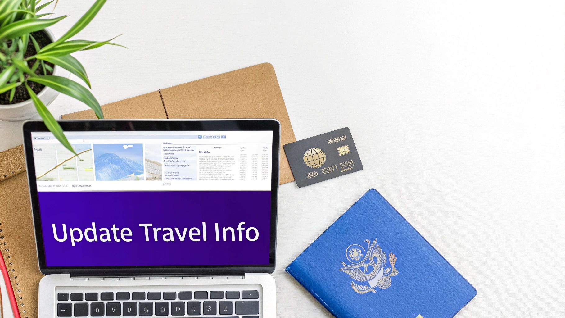A traveler's desk with a new passport, a laptop open to an airline's website, and a smartphone, symbolizing updating multiple travel profiles.