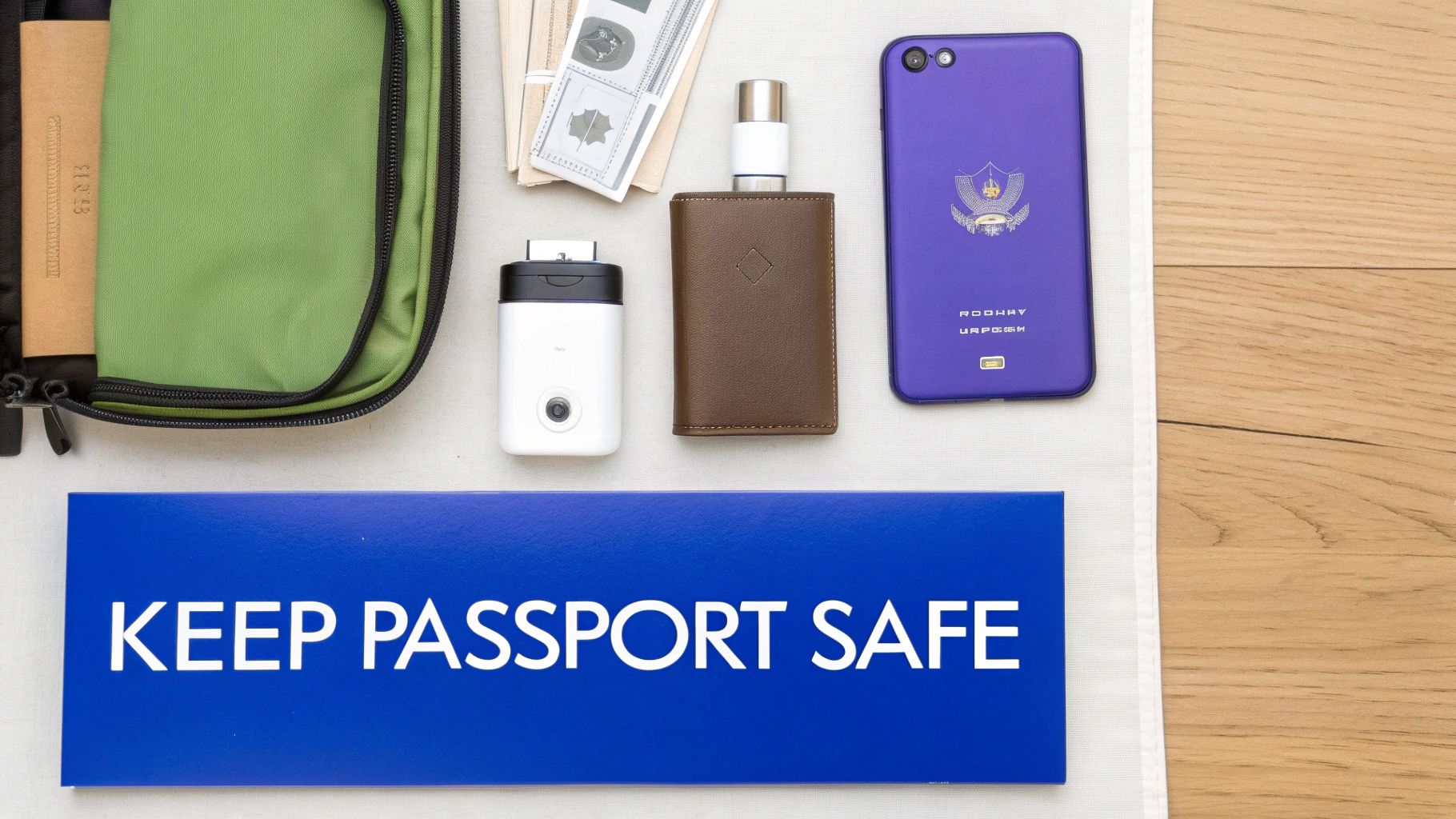 A person tucking their Canadian passport securely into a travel pouch.