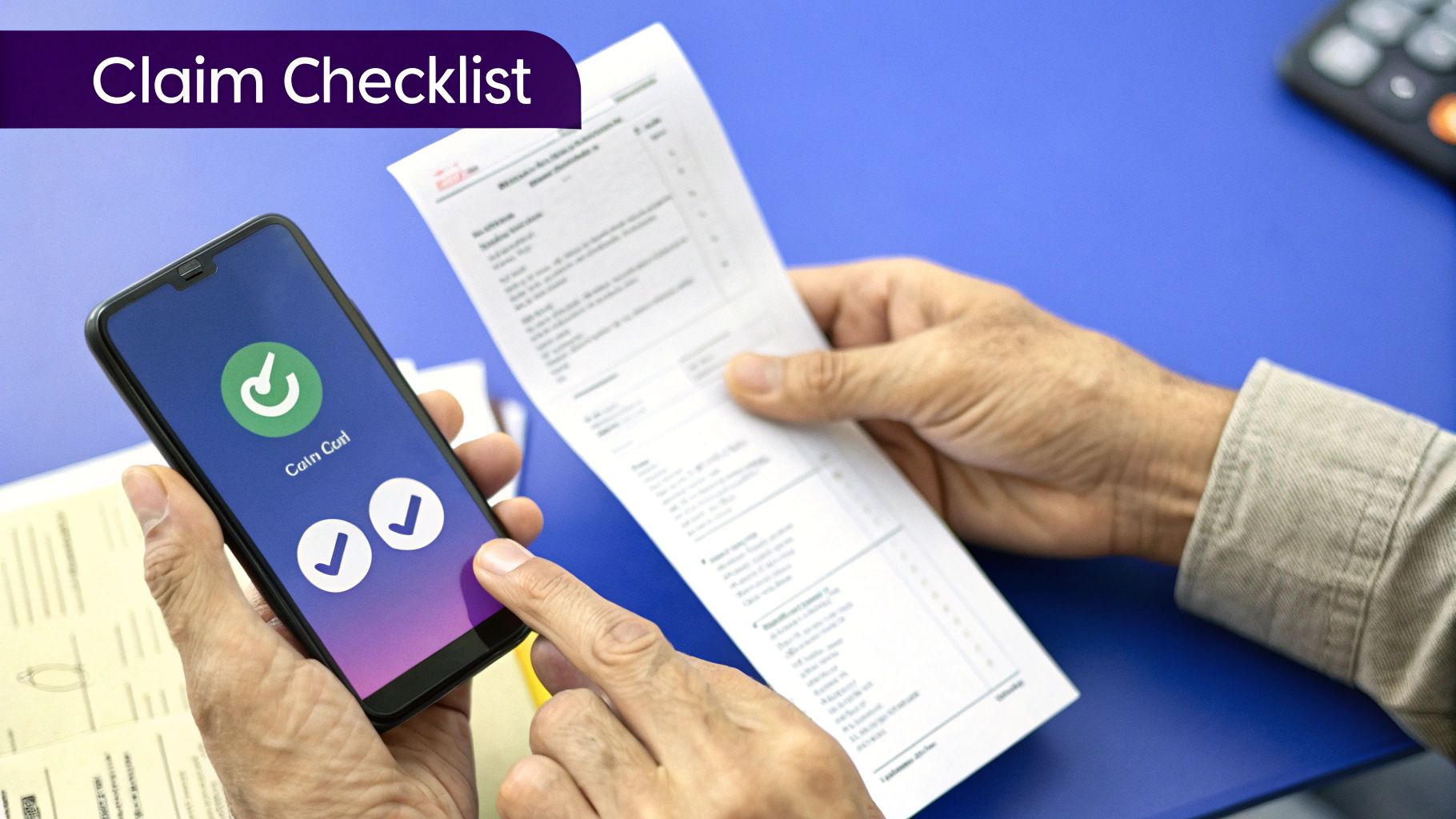 A person's hands filling out an insurance claim form on a wooden table.