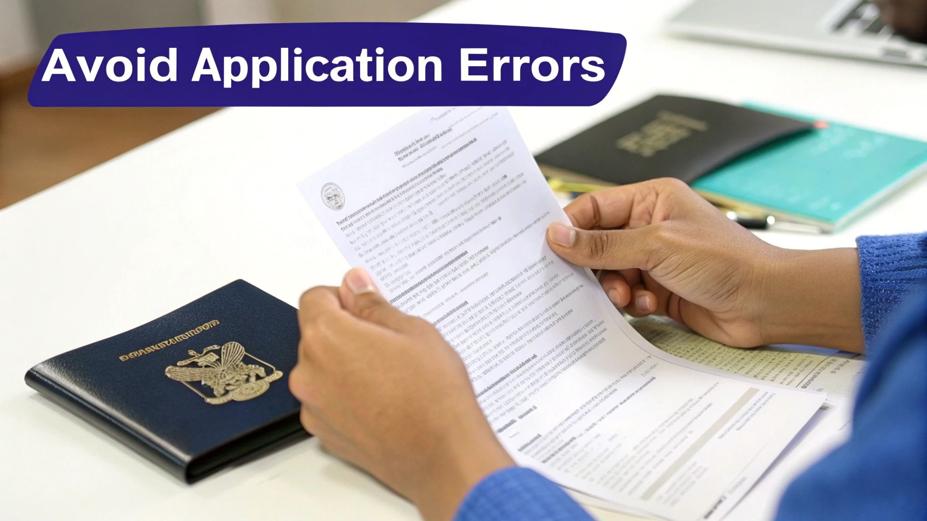 A red warning sign with an exclamation mark superimposed over a blurred ESTA application form, symbolizing common errors.