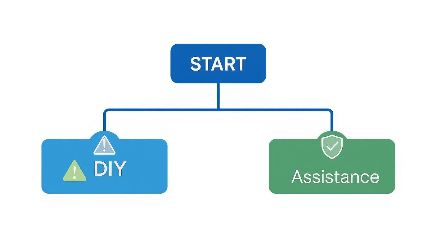 Infographic showing a decision tree for the Canada eTA application process, comparing the DIY route with the assistance route.