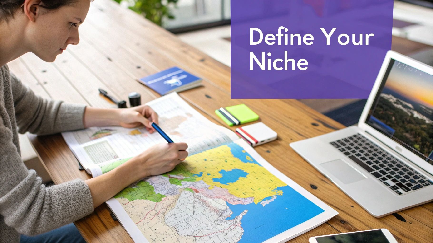 Woman working on a laptop with a world map and travel photos in the background.