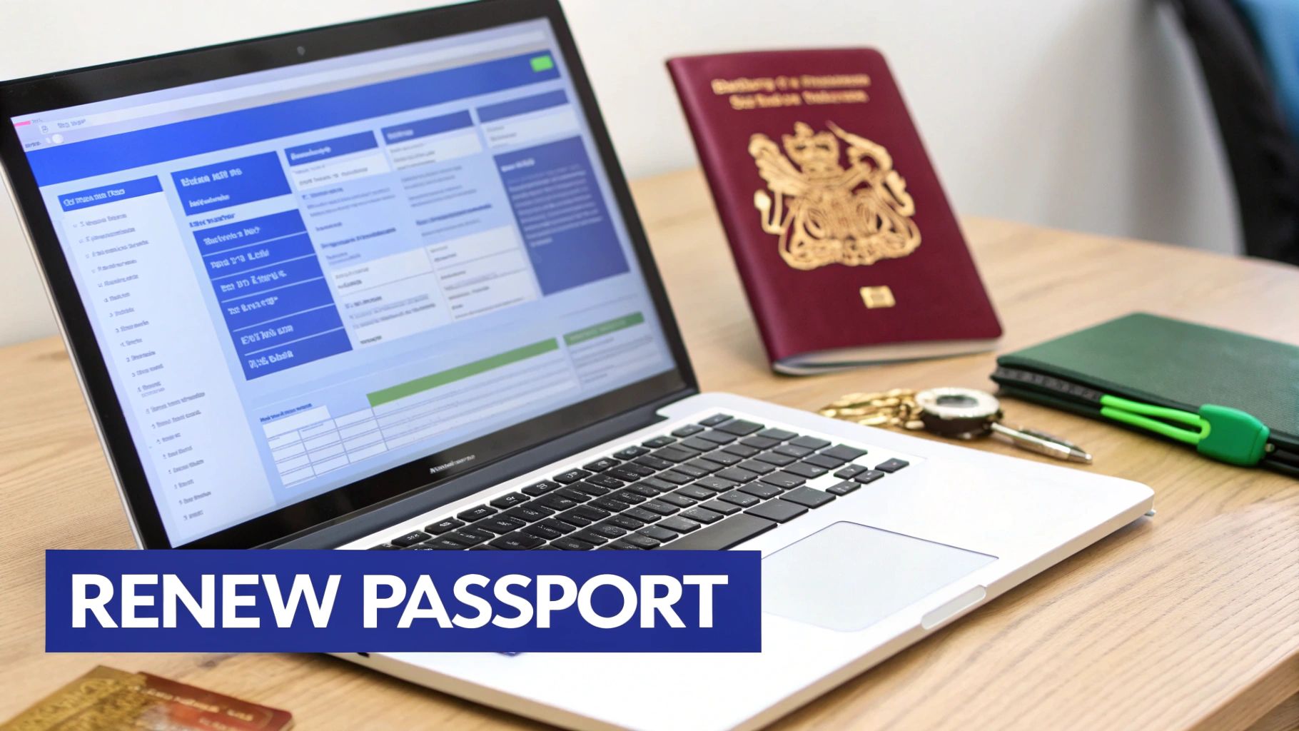 A person holding a UK passport with an American flag in the background, representing the renewal process from the USA.
