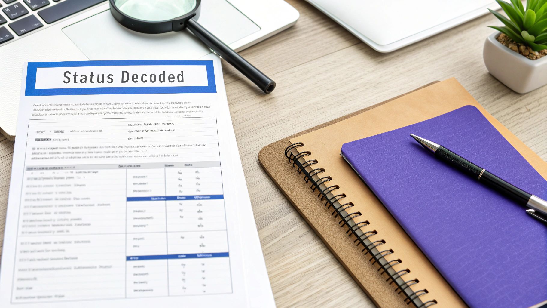 Close-up of a laptop screen displaying a visa application status page with a magnifying glass over it.