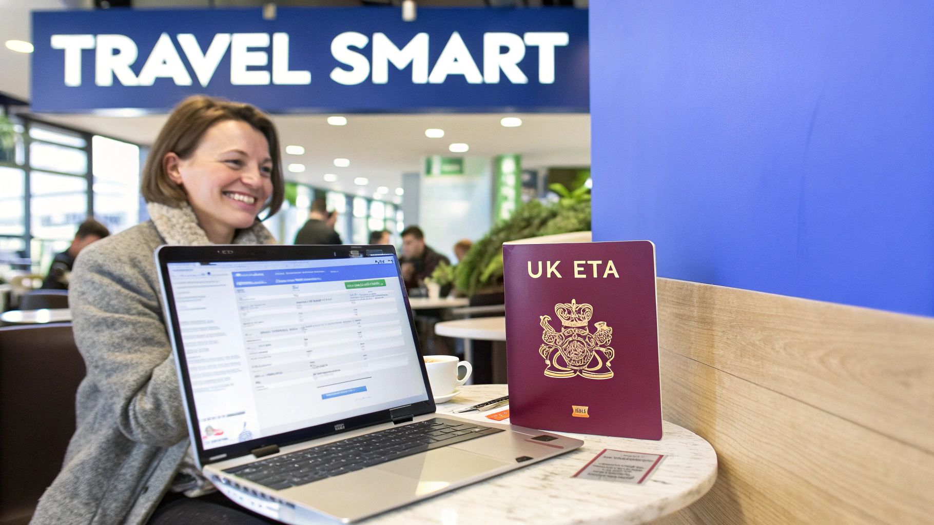 A traveler sitting at a desk and smiling while using a laptop to apply for a UK ETA.