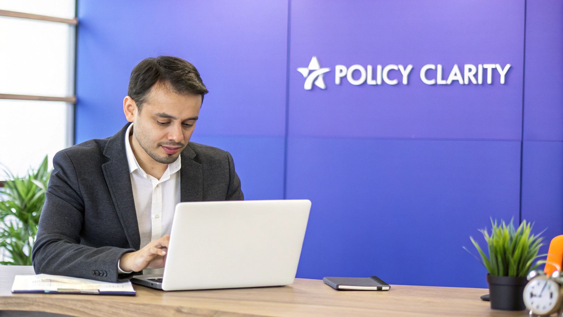 A person reviewing a travel policy document on a laptop.