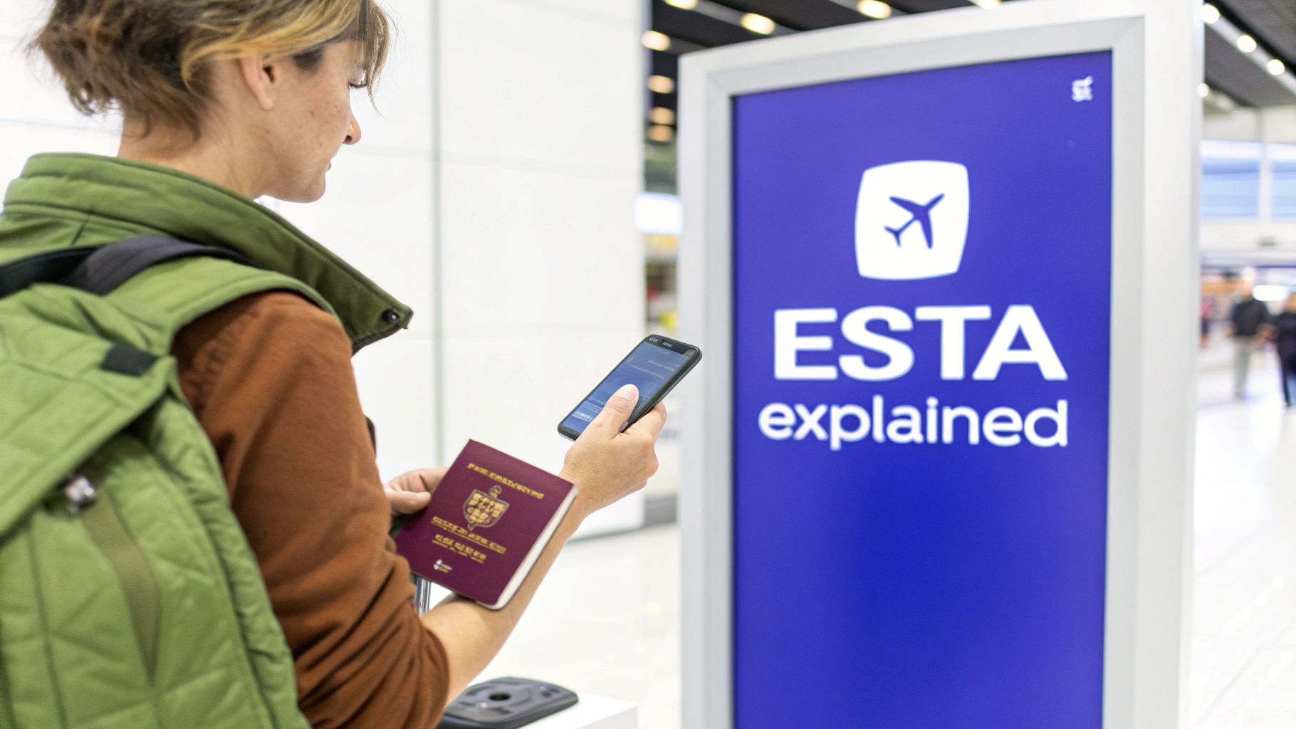 Traveler with passport and phone, showing an approved ESTA application.