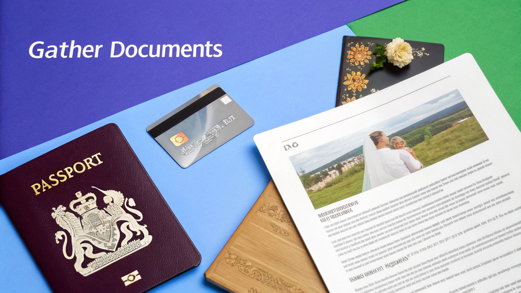 A flat lay of travel documents including a UK passport, a digital photo on a phone, and a credit card, neatly arranged on a desk.