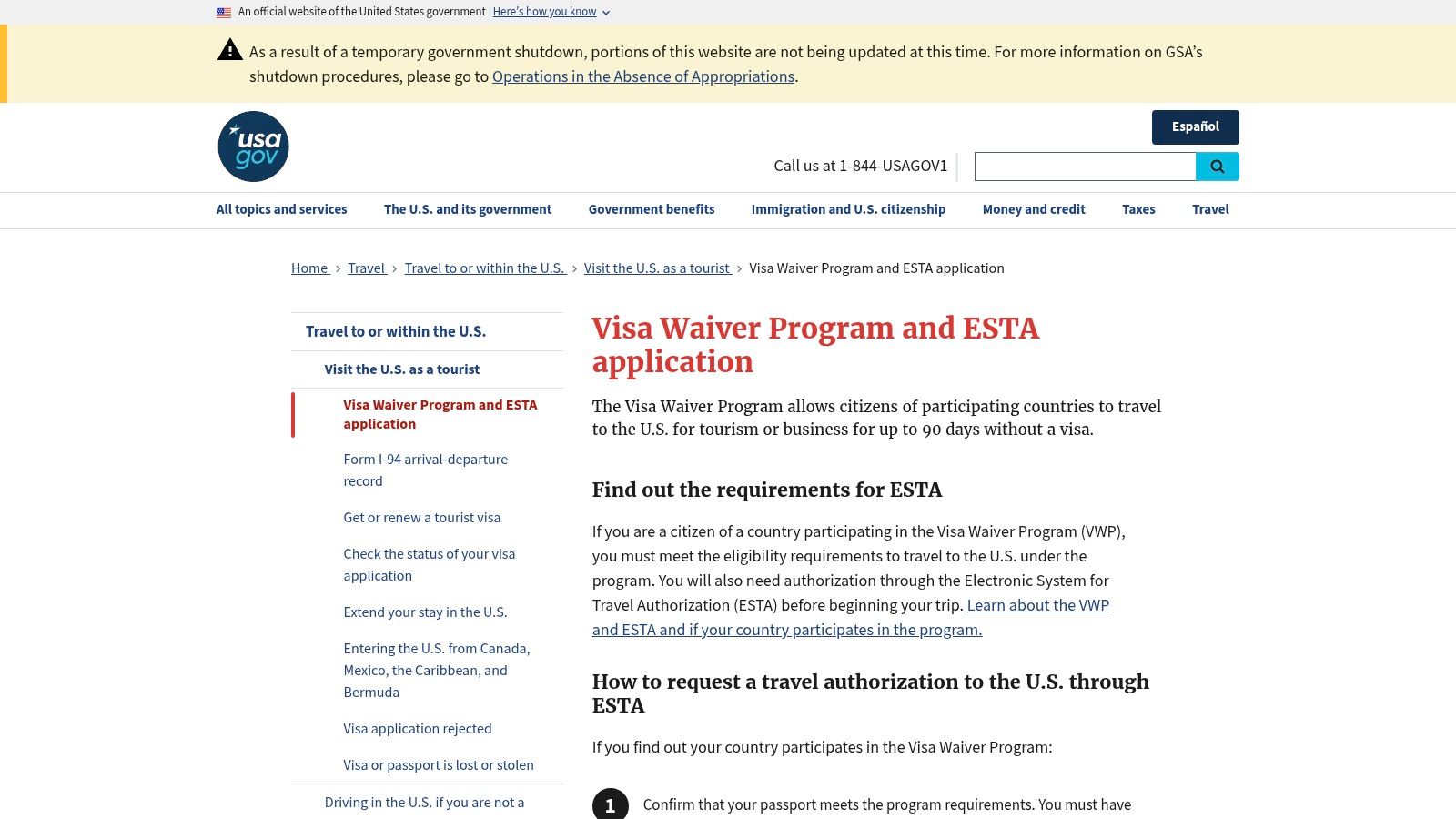 USA.gov – Visa Waiver Program and ESTA application