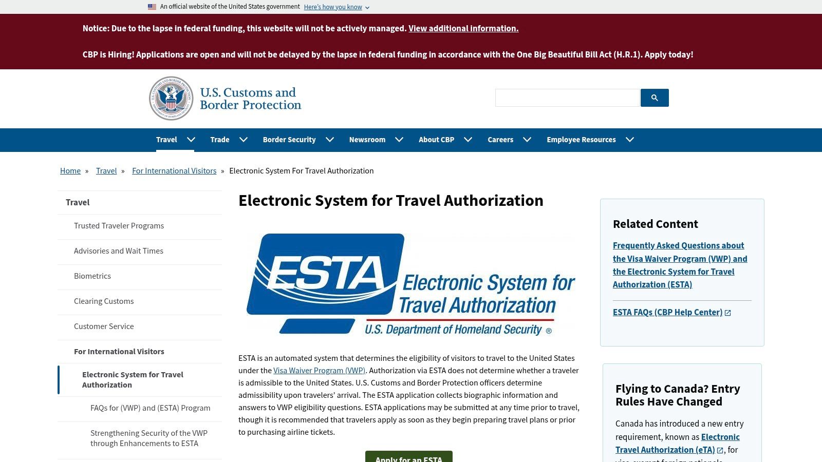 CBP’s ESTA information page (program details and official guidance)