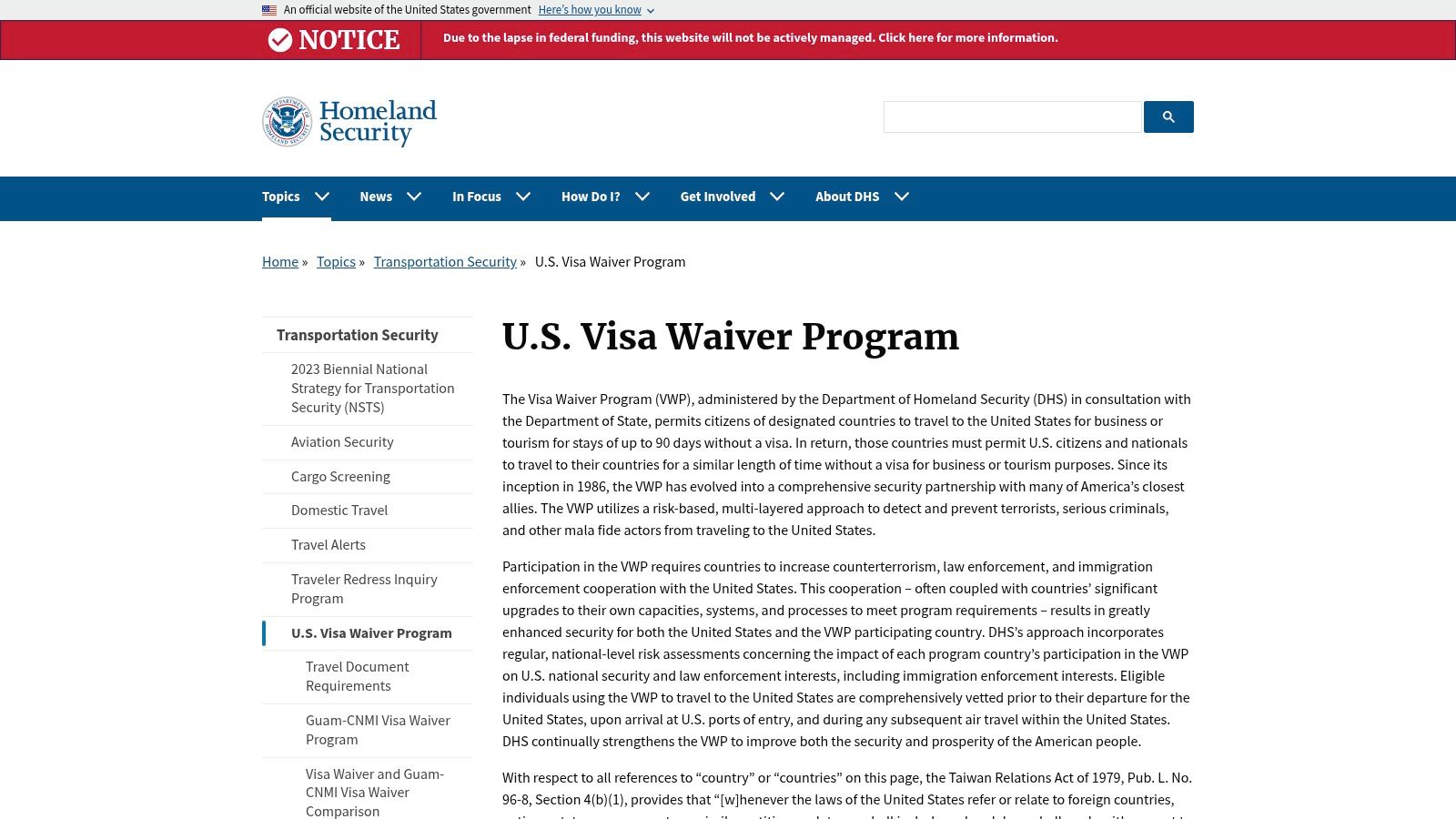 DHS – Visa Waiver Program (Department of Homeland Security)