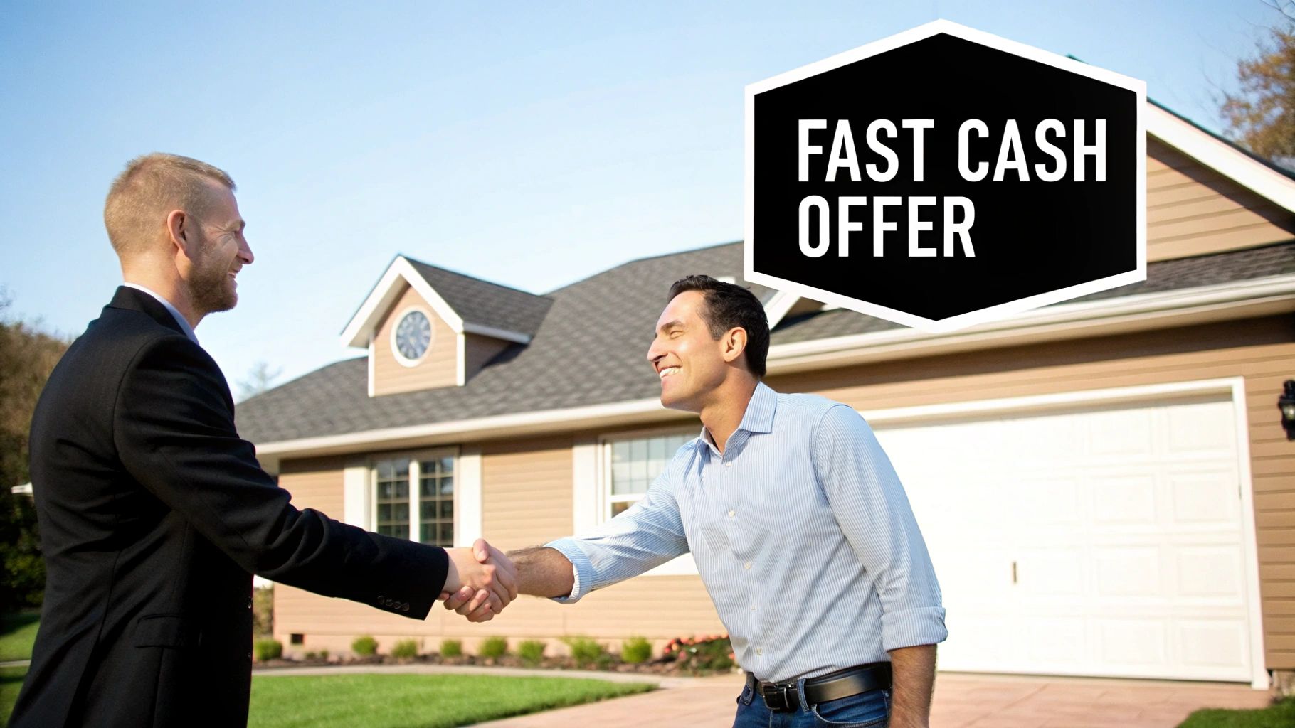 A real estate agent shakes hands with a homeowner, offering a fast cash deal for the house.