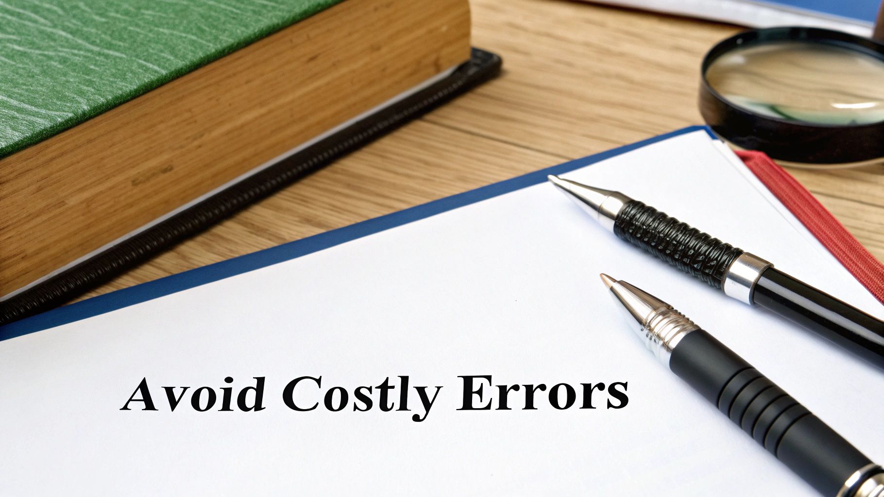A document titled 'Avoid Costly Errors' on a desk with pens, a book, and a magnifying glass.