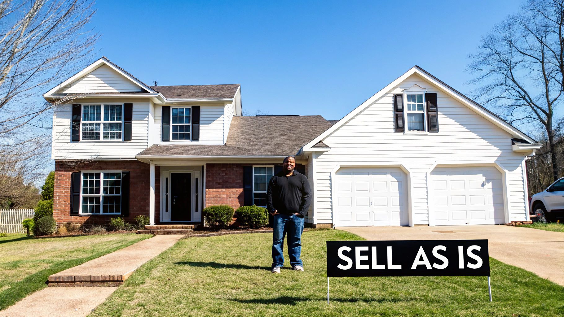 A smiling Black man stands in front of a white two-story house with a "SELL AS IS" sign in the yard.
