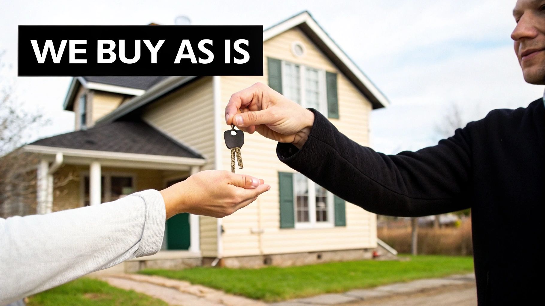 Hands exchanging house keys in front of a beige house, with 'WE BUY AS IS' text overlay.