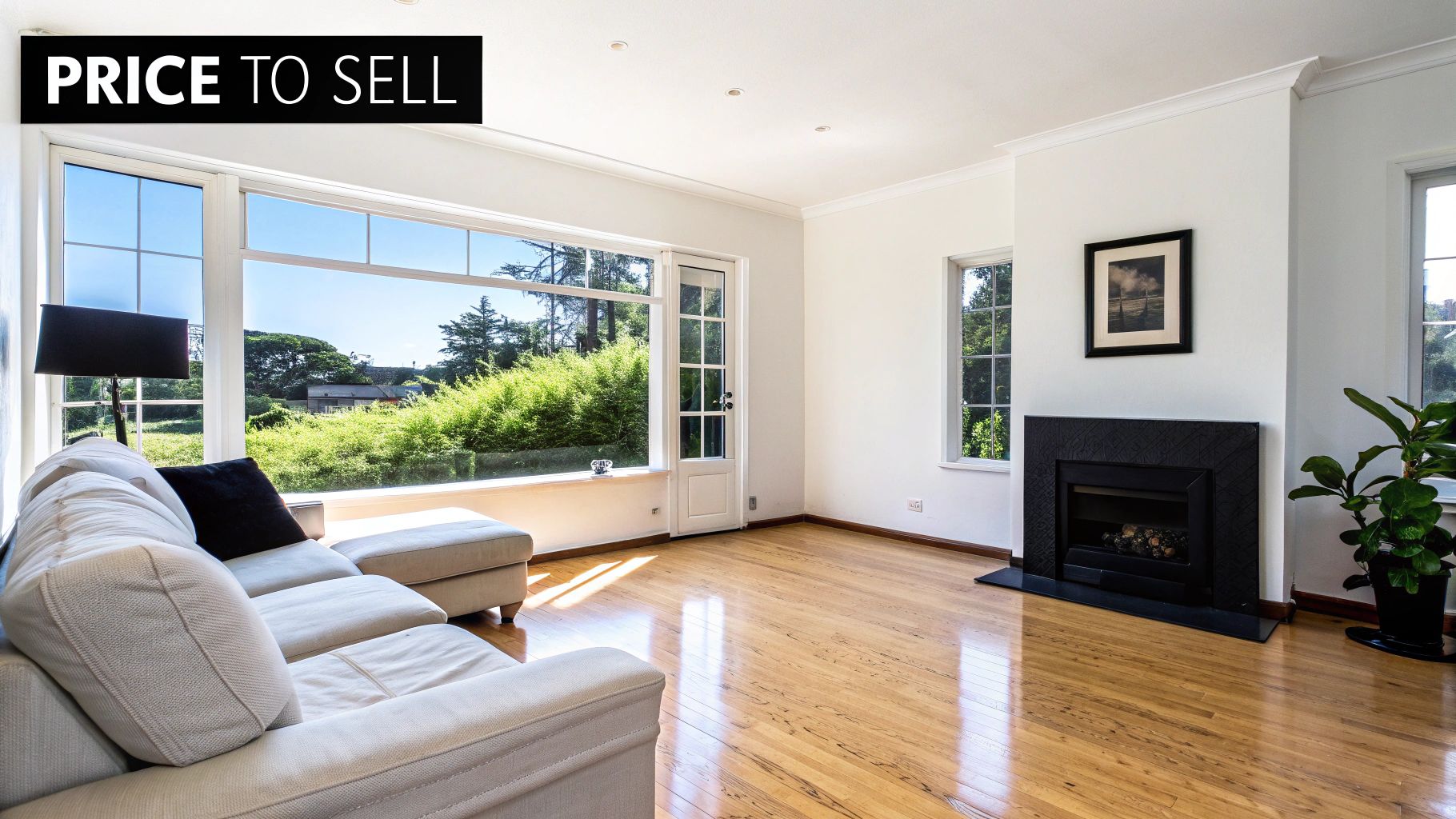 Spacious living room featuring a comfortable sofa, modern fireplace, and expansive windows with garden views.