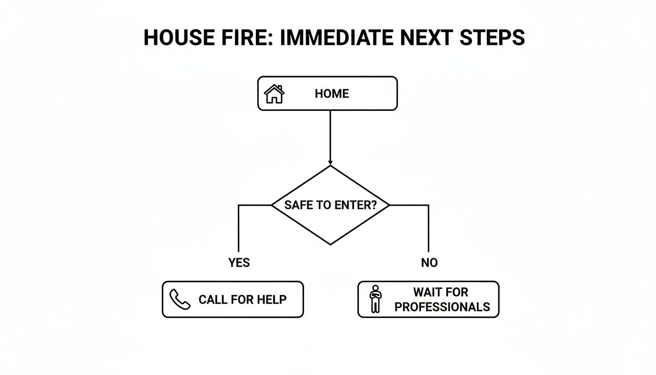Flowchart for house fire immediate next steps: assess safety, then call for help or wait for professionals.