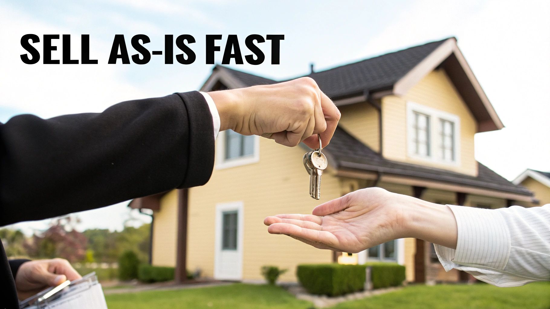 Hands exchanging house keys in front of a yellow house with text 'SELL AS-IS FAST'.
