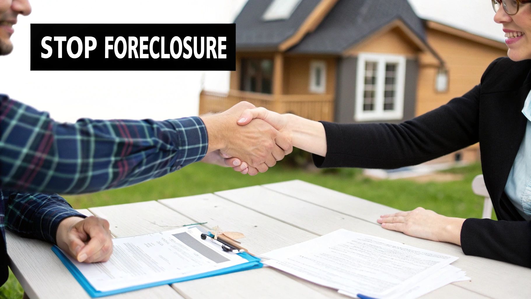 Man and woman shaking hands over documents with 'STOP FORECLOSURE' text and a house.