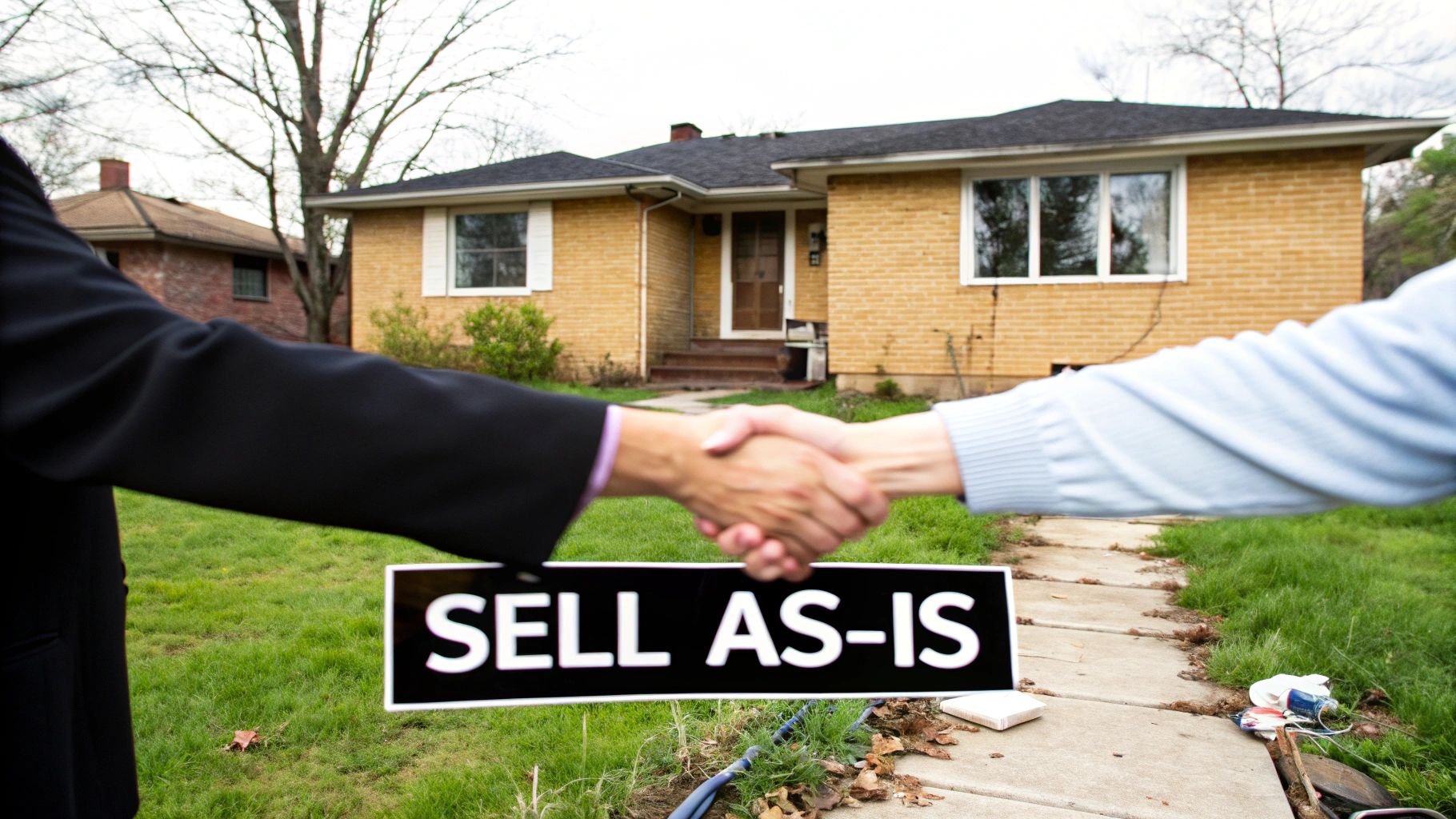 Two individuals shake hands over a 'SELL AS-IS' sign in front of a residential house.