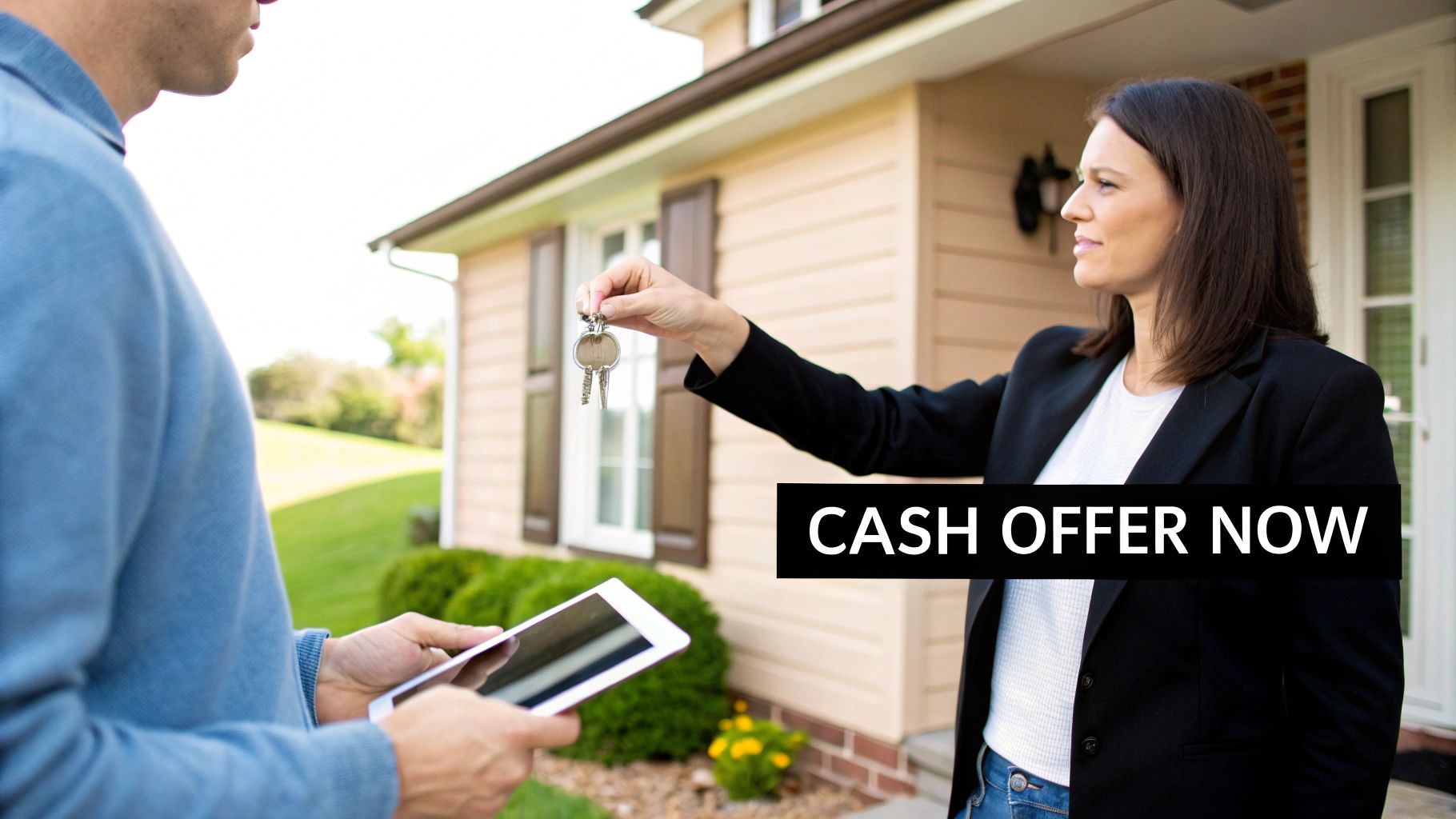 A real estate agent hands house keys to a man holding a tablet, outside a home, promoting cash offers.