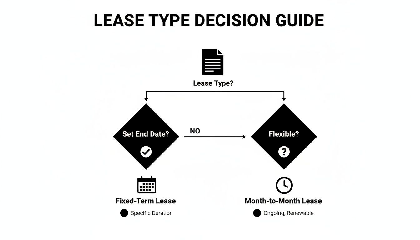 Flowchart guiding lease type decisions: Fixed-Term vs. Month-to-Month based on end date and flexibility.