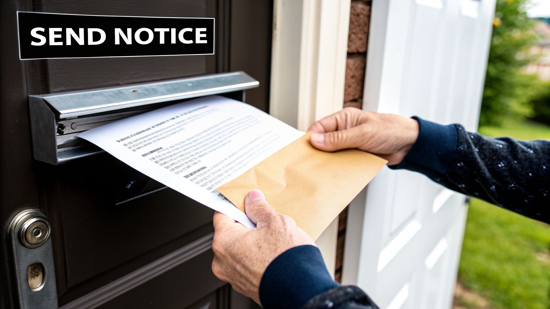 A person's hands are pushing a white letter and a brown envelope through a mail slot on a dark door. A 'SEND NOTICE' sign is at the top.
