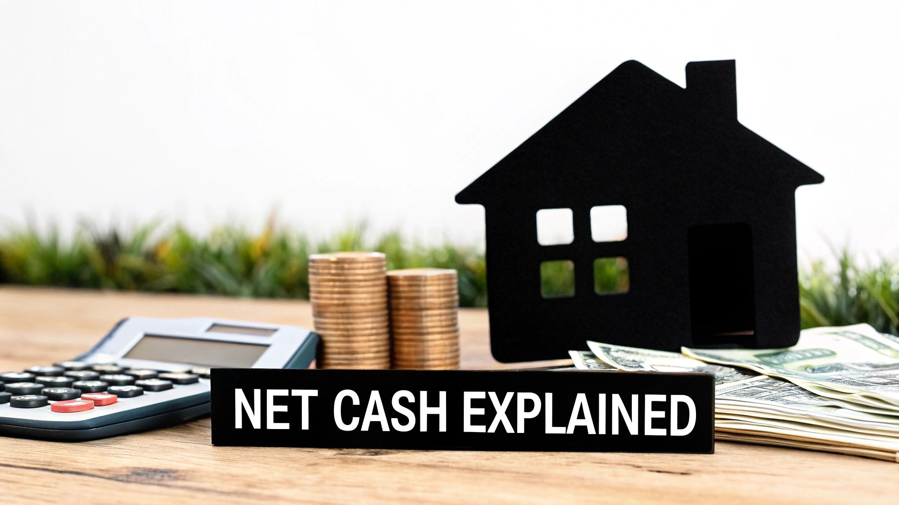 A calculator, stacks of coins, paper money, and a black house model on a wooden desk, with a sign reading 'NET CASH EXPLAINED'.