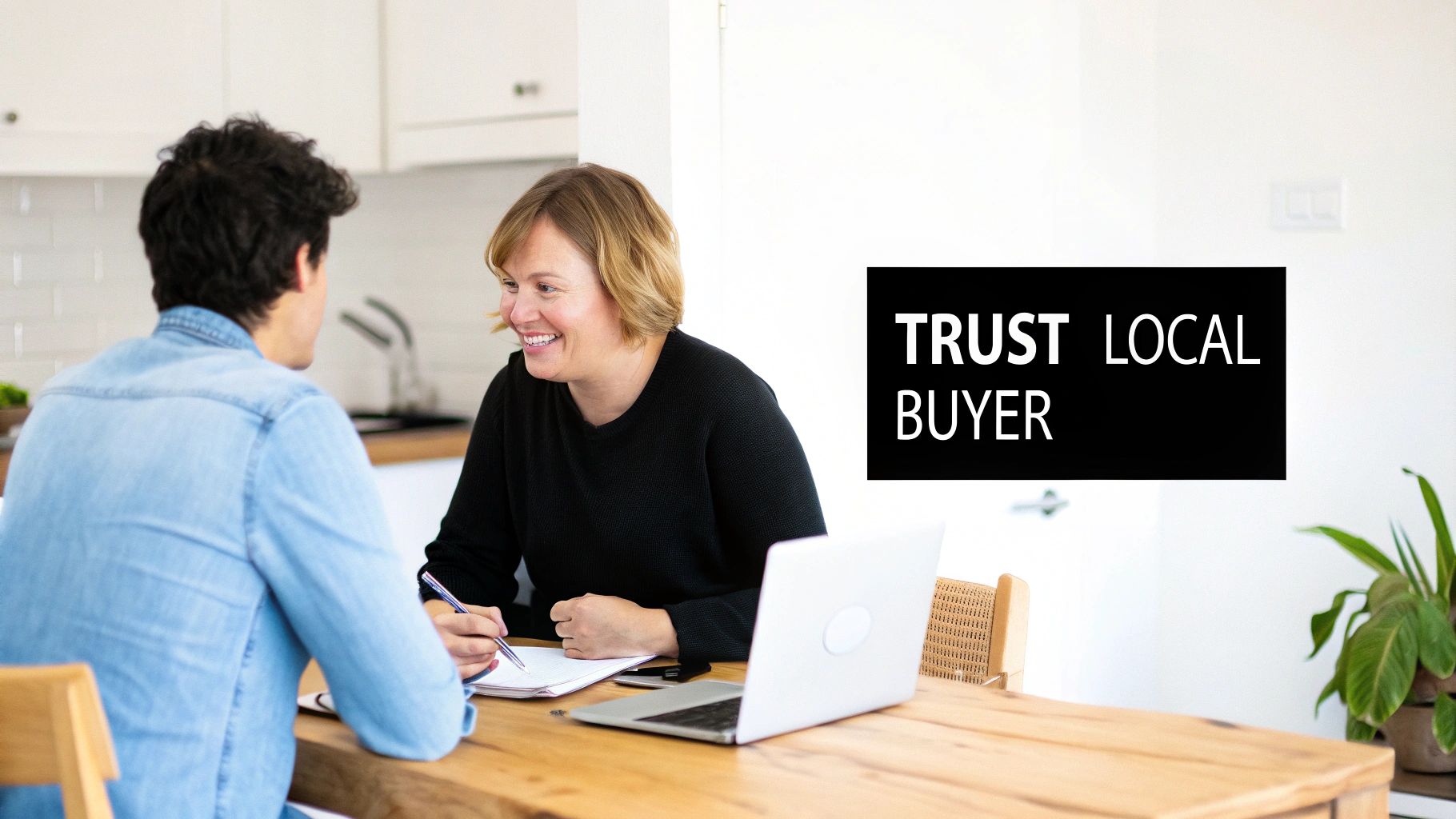 A smiling woman discusses with a man at a table with a laptop, next to 'TRUST LOCAL BUYER' text.