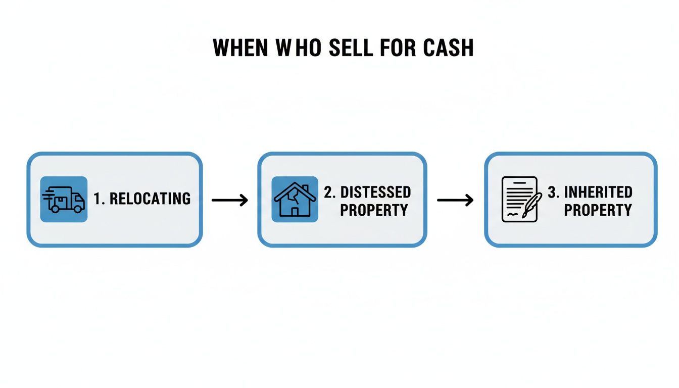 A flowchart illustrating three primary reasons people sell property for cash: relocating, distressed, or inherited.