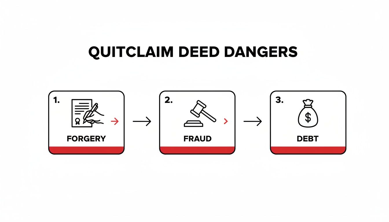 A flowchart illustrates the dangers of quitclaim deeds: forgery, leading to fraud, then to debt.