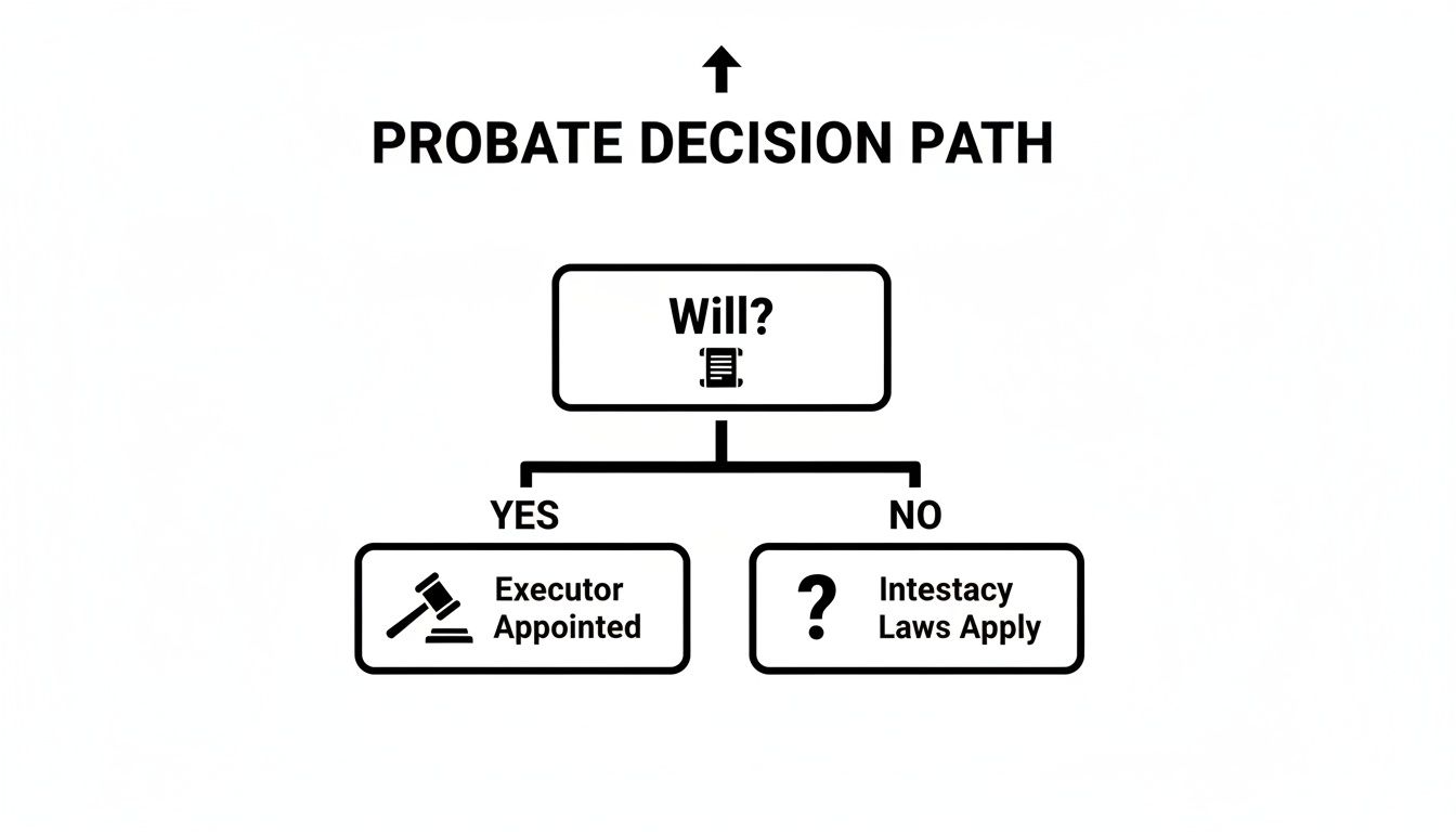 Flowchart illustrating the probate decision path: Will? Yes, Executor Appointed. No, Intestacy Laws Apply.