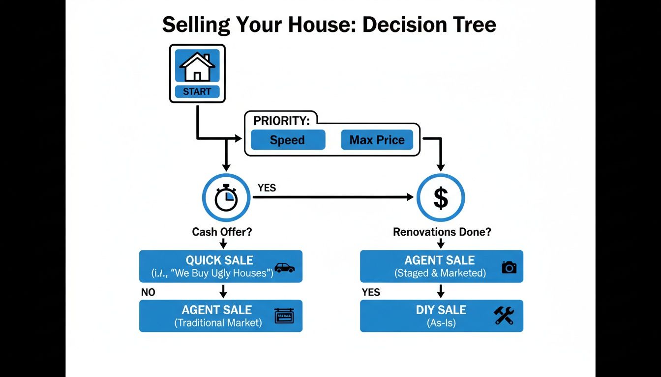 A decision tree flowchart for selling a house, prioritizing either speed or maximizing price.