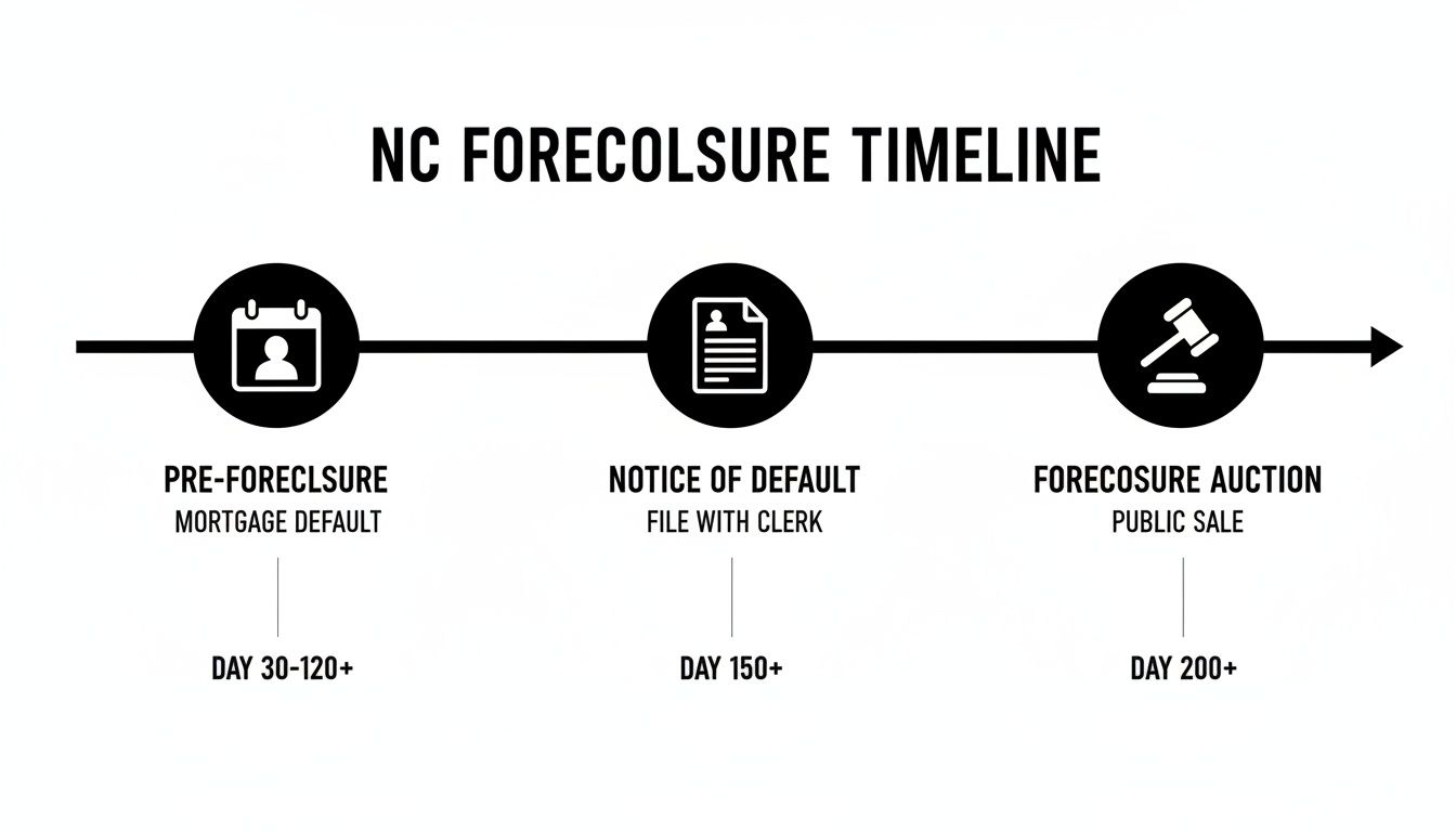 Infographic illustrating the North Carolina foreclosure timeline with pre-foreclosure, notice of default, and auction stages.