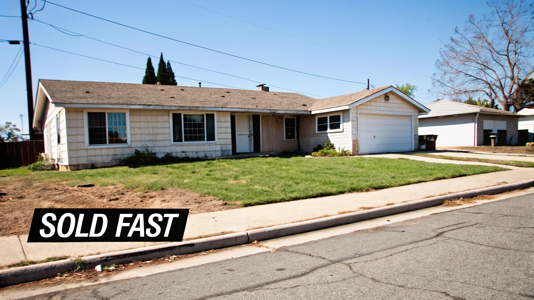 A suburban house with a front yard, garage, and a prominent 'SOLD FAST' sign, indicating a quick sale.