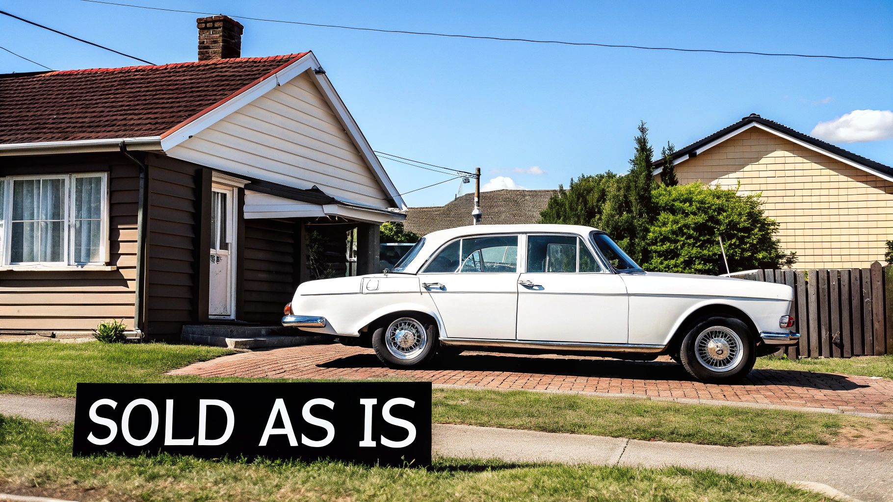 A white vintage car parked on a brick driveway in front of a brown house with a 'SOLD AS IS' sign.
