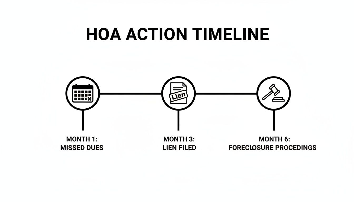 Timeline illustrating HOA actions from missed dues to lien filing and foreclosure proceedings.