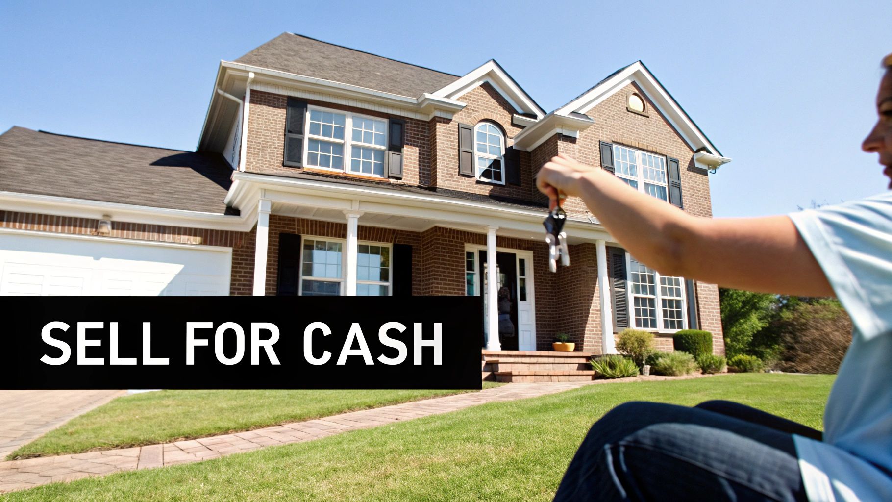 A person holds house keys towards a large brick house with a 'Sell For Cash' banner.