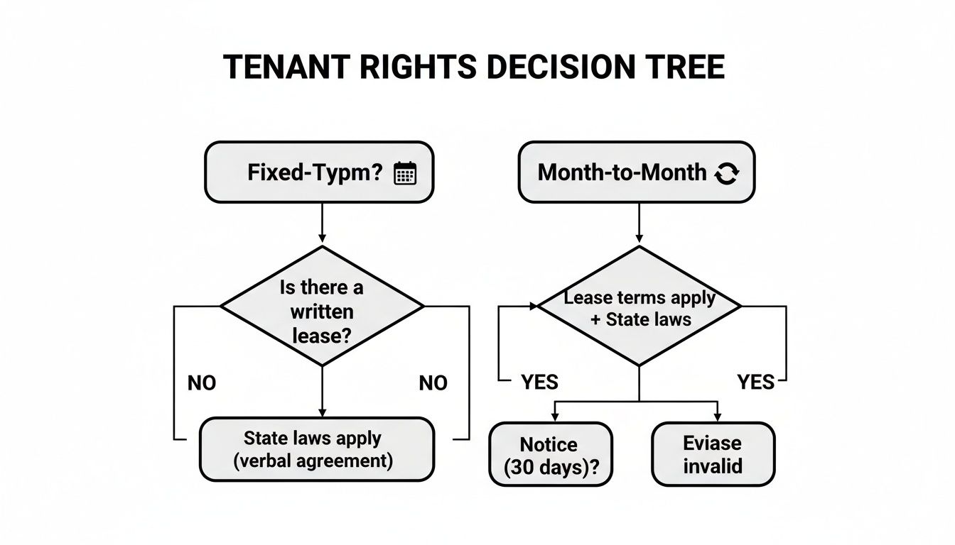 Flowchart illustrating tenant rights decision tree for fixed-term and month-to-month leases, covering written agreements and state laws.