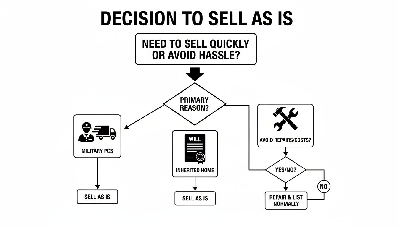 Flowchart illustrating the decision process for selling a home as-is, considering reasons like military PCS, inherited home, or avoiding repairs.