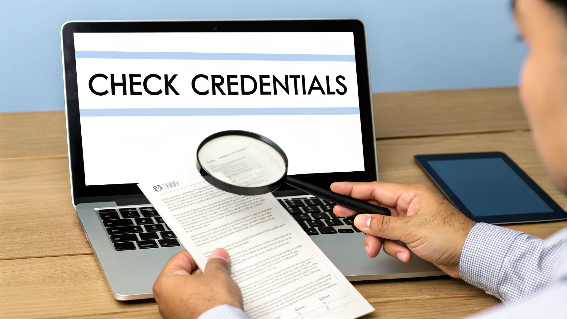 A person is checking a document with a magnifying glass in front of a laptop displaying 'CHECK CREDENTIALS'.
